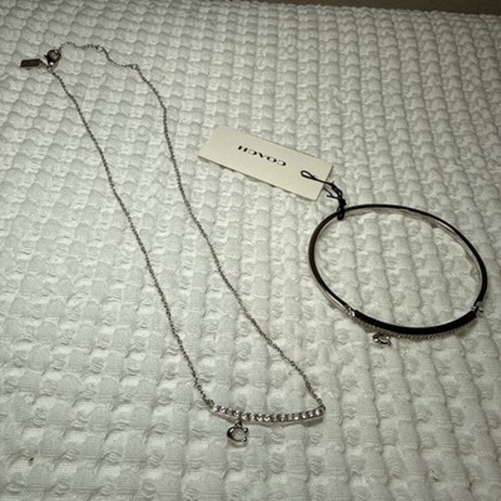 Coach Silver Pavé Crystal Bar Necklace & Bangle Bracelet Jewelry Set C Charm NWT